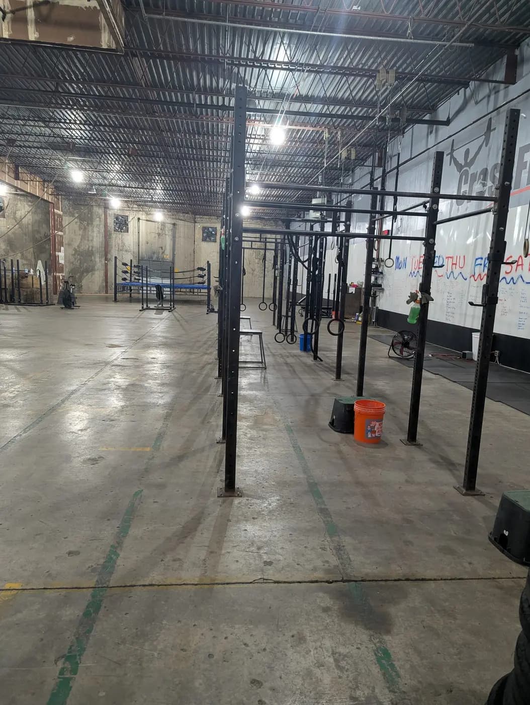 Inside Fit 901: a steel rig with gymnastic rings running down an open concrete floor, the week's programming on the whiteboard along the far wall.