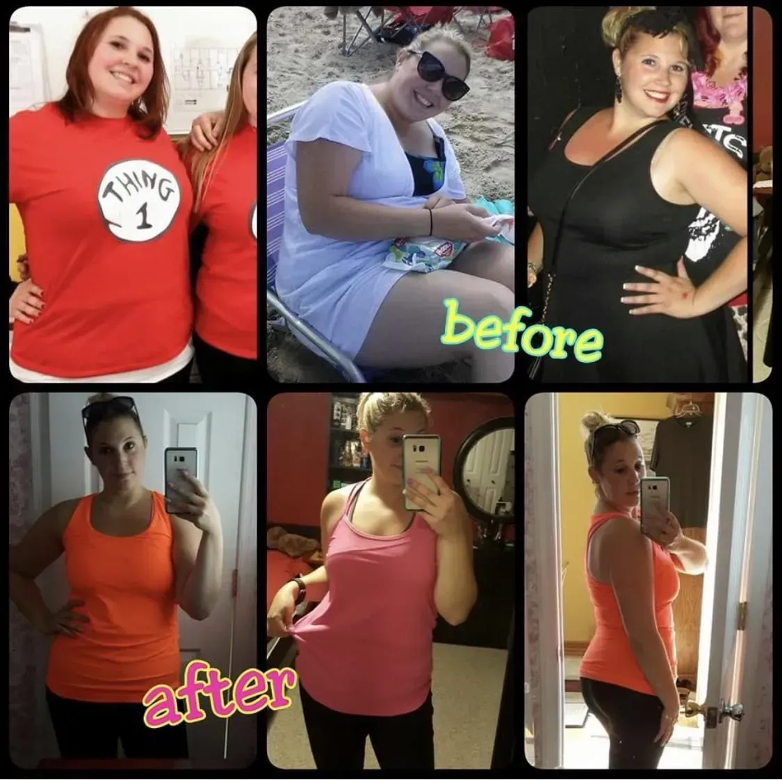 Before-and-after collage of one woman's weight-loss progress — three earlier photos on the top row, three later photos on the bottom row.