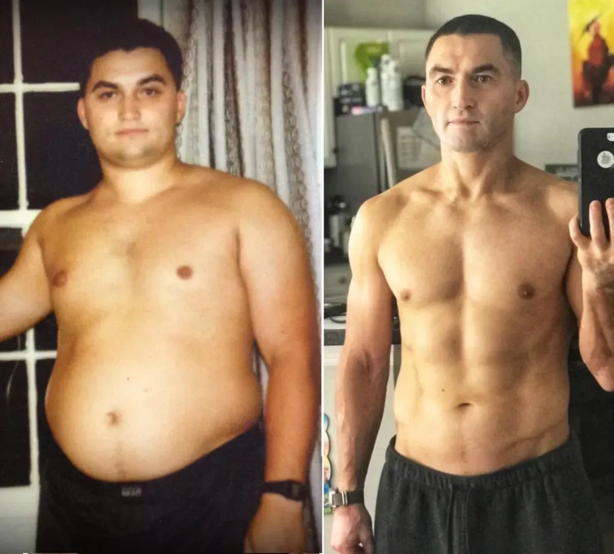 Side-by-side before-and-after photos of a man, heavier in the earlier photo on the left and visibly leaner with more muscle definition in the later photo on the right.