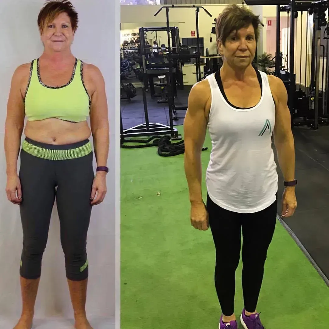 Side-by-side before-and-after photos of a woman, the later photo taken on a gym floor showing noticeably more muscle definition than the earlier one.