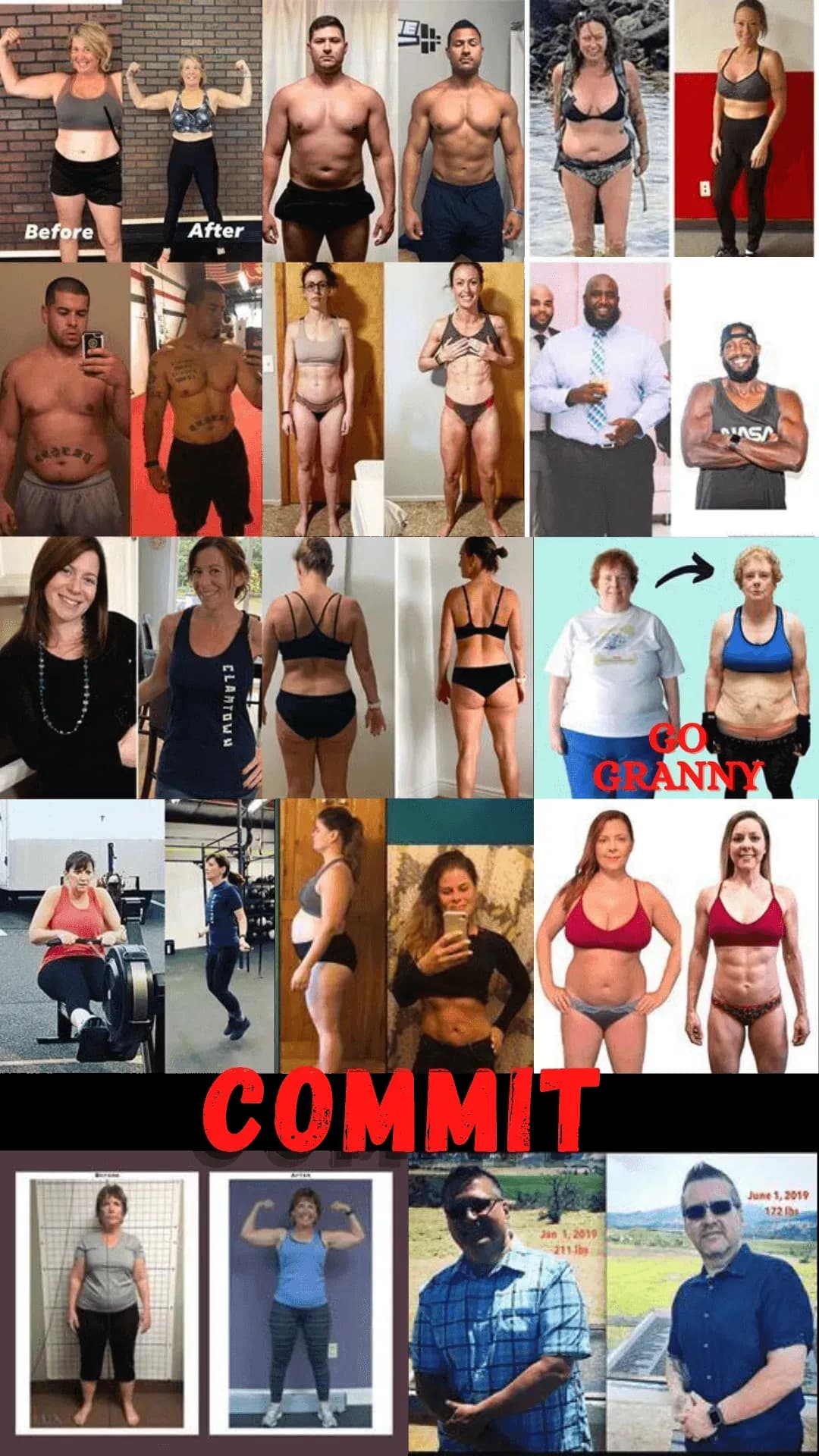 A grid of before-and-after weight-loss and body-composition photos of many different men and women, captioned COMMIT.