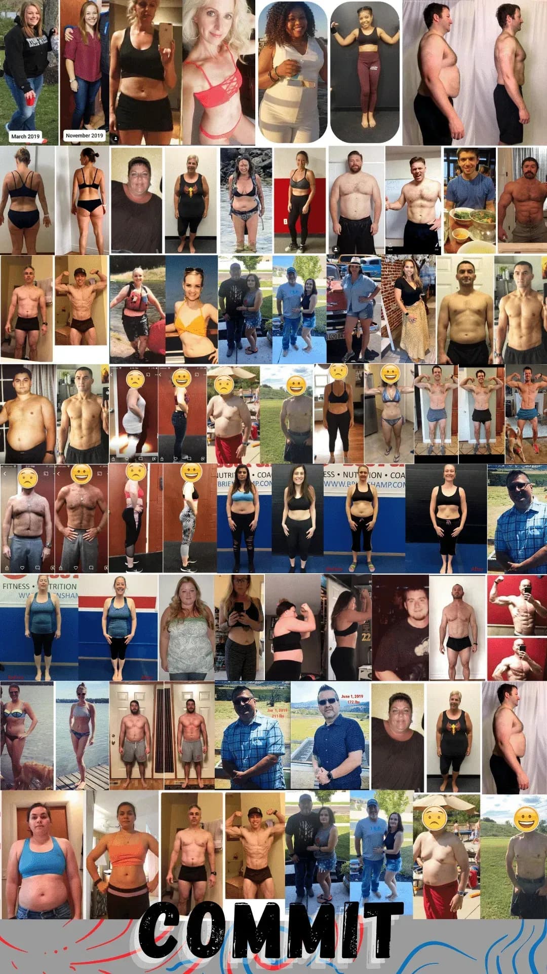 A large grid of before-and-after training photos of dozens of different men and women, captioned COMMIT.