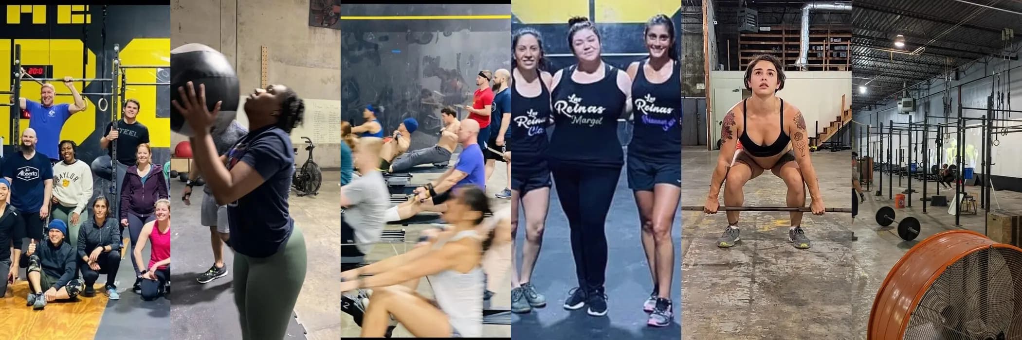 Six photographs from the Fit 901 gym floor: a group photo, wall ball, a rowing session, the women's team, a deadlift, and the training floor.